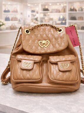 NWT-Betsy Johnson Quilted Backpack Purse Tan Gold Chain heart Logo
